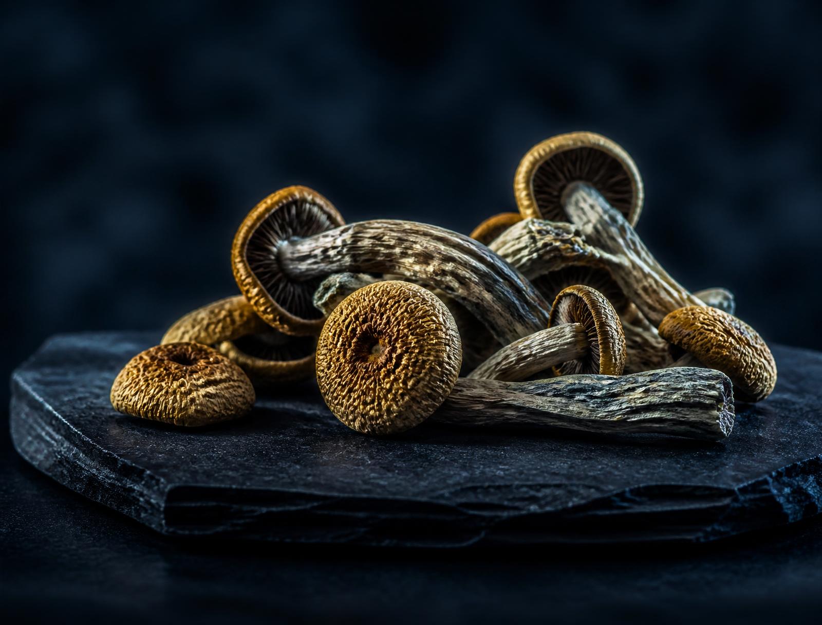 Premium dried magic mushrooms from Shroom Bros Canada on a slate board